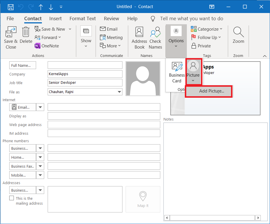 outlook for mac contacts business card view
